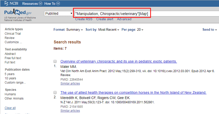 Screenshot of a PubMed major topic search for "Manipulation, Chiropractic/veterinary" with the search boxed in red.