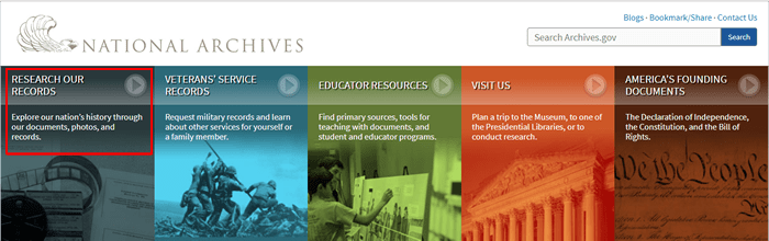 Screenshot of the homepage for the National Archives with "Research Our Records" boxed in red.