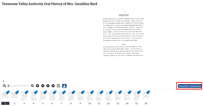 Screenshot of a National Archives record for "Tennessee Valley Authority Oral History of Mrs. Geraldine Byrd."