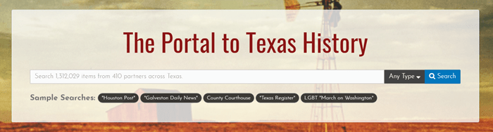 Screenshot of the Portal to Texas History homepage search bar.