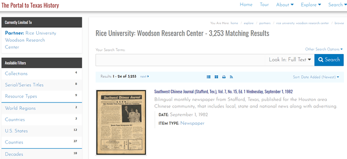 Screenshot of a list of Woodson Research Center materials in the Portal to Texas History.