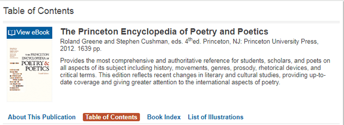 Screenshot of a record for the Princeton Encyclopedia of Poetry and Poetics.