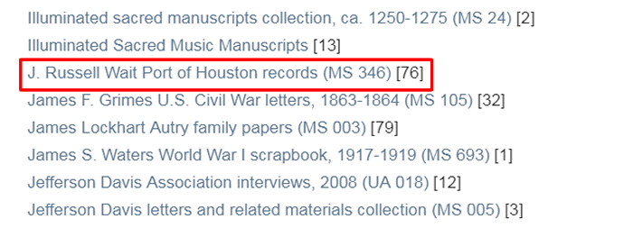 Screenshot of a list of Woodson Research Center collections in the RDSA with "H. Russell Wait Port of Houston records (MS 105)" boxed in red.