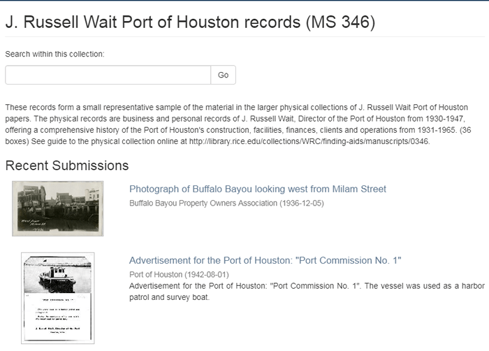 Screen of the J. Russell Wait Port of Houston records in the RDSA.