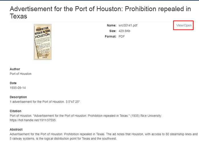 Screenshot of the record for "Advertisement for the Port of Houston: Prohibition repealed in Texas" with the "View/Open" link boxed in red.