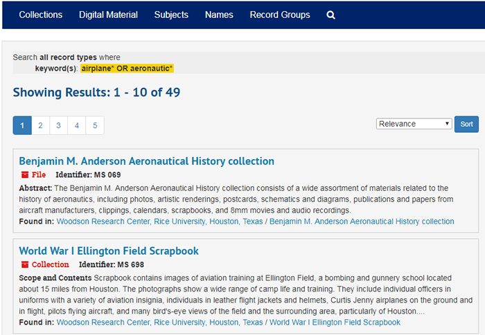 Screenshot of the search results for "airplane* or aeronautic*" in ArchivesSpace.