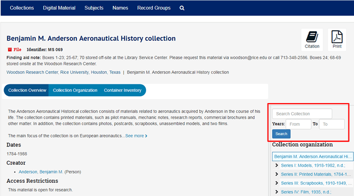 Screenshot of the finding aid for the "Benjamin M. Anderson Aeronautical History collection."