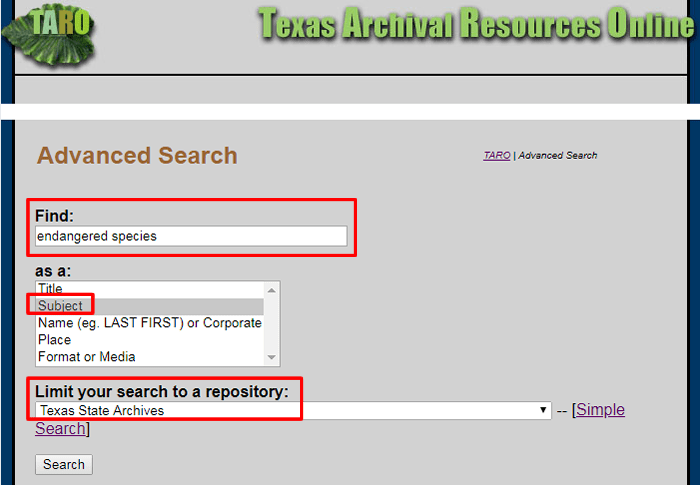 Screenshot of a TARO advanced search for "endangered species" as a subject in the Texas State Archives.