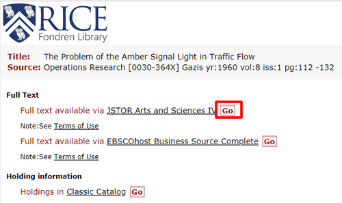 Screenshot of Fondren Library access options for "The problem of the amber signal light in traffic flow" with the "Go" button for one of them boxed in red.
