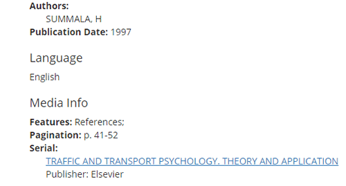 Screenshot of bibliographic information for "Hierarchical model of behavioural adaptation and traffic accidents."