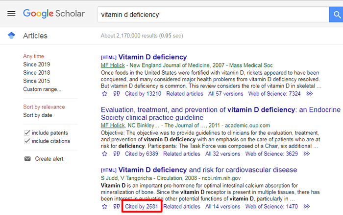 Screenshot of a Google Scholar search for "vitamin d deficiency" with with one search result and the "Cited by" link below it boxed in red.