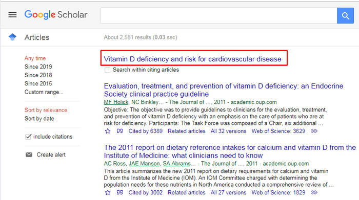 Screenshot of a Google Scholar "Cited by" search for the article "Vitamin D deficiency and the risk for cardiovascular disease."