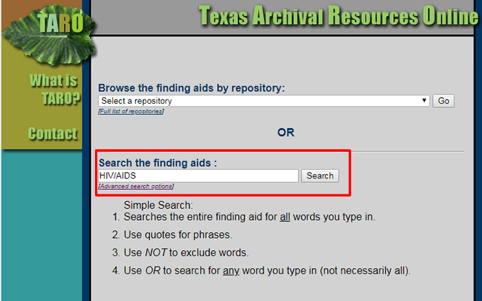 Screenshot of a TARO search for "HIV/AIDS."