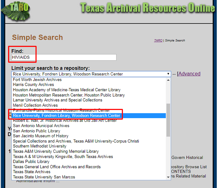 Screenshot of the results for the above search with the search terms retyped and the "limit your search to a repository"  drop-down menu open and "Rice University, Fondren Library, Woodson Research Center" highlighted.