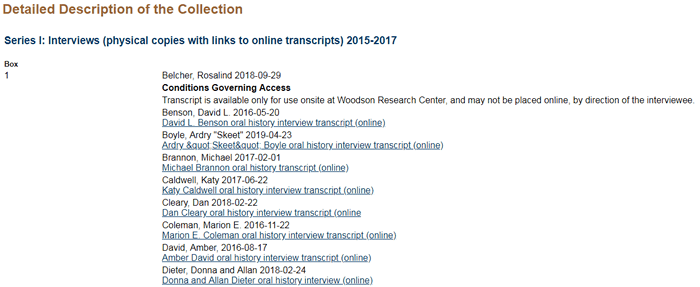 Screenshot of the "Detailed Description of the Collection" section of the "Guide to the oH Project..." page.