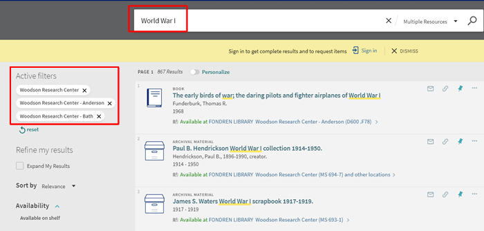 Screenshot of a OneSearch search for "World War I" with Woodson Research Center library sublocations filters applied.