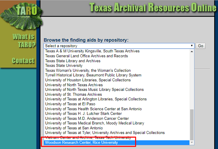 Screenshot of the "Select a repository" drop-down menu in TARO with "Woodson Research Center, Rice University" highlighted.