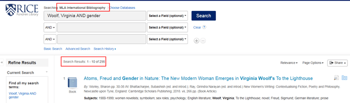 Screenshot of an MLA IB search for "Woolf, Virginia AND gender" with the number of results boxed in red.