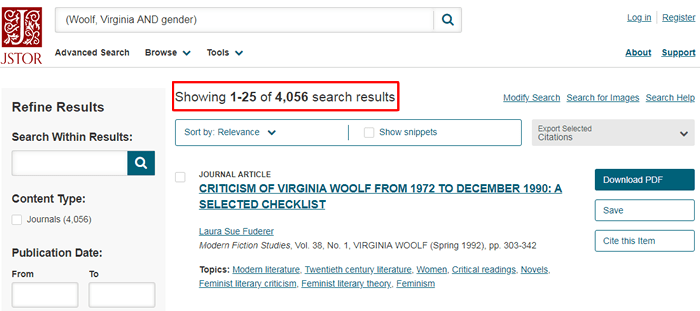 Screenshot of a JSTOR search for "Woolf, Virginia AND gender" with the number of results boxed in red.