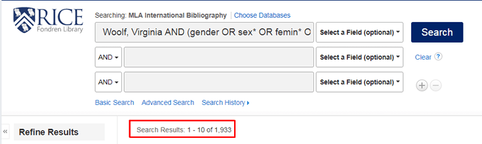 Screenshot of an MLA IB search for "Woolf, Virginia" and several terms related to gender, with the number of search results boxed in red.