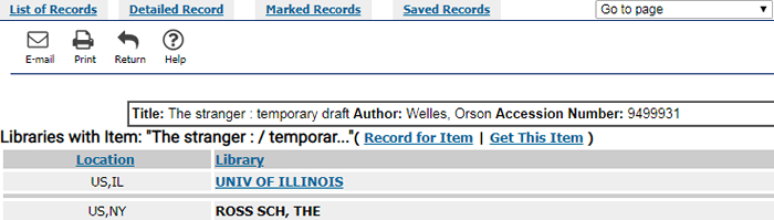 Screenshot of the libraries that hold "The stranger: temporary draft."