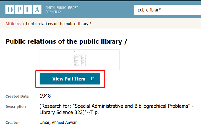 Screenshot of a record in dp.la for a document titled "Public relations of the public library."