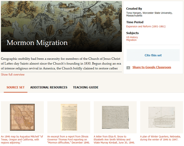 Screenshot of the "Mormon Migration" primary source set from dp.la.